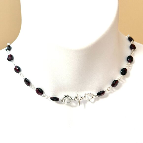 Genuine Garnet Short Necklace, Natural Gemstone w/ Paw Print Heart Beat Pendant - Picture 2 of 15